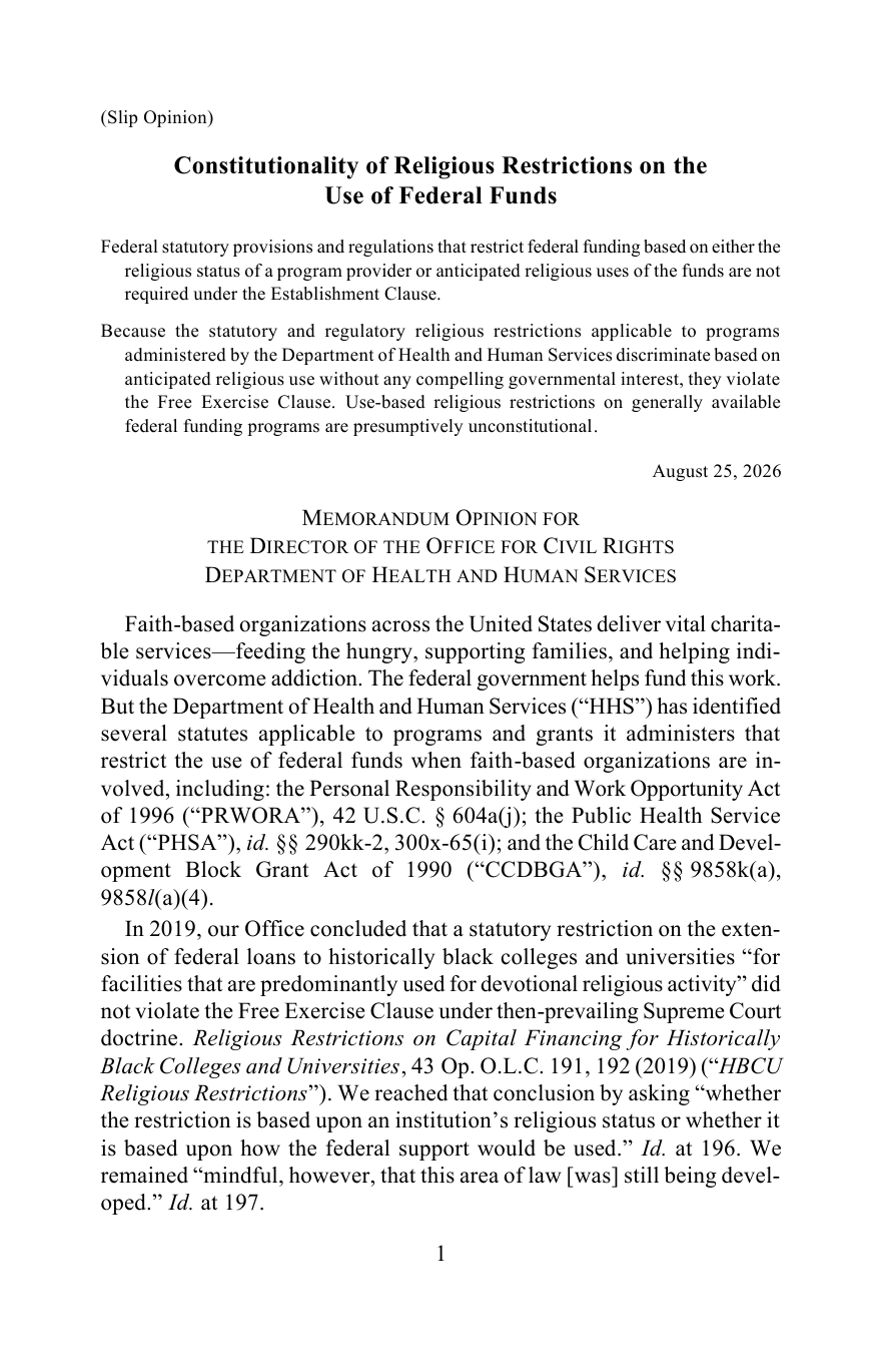 First page of the DOJ Office of Legal Counsel opinion, Constitutionality of Religious Restrictions on the Use of Federal Funds, dated August 25, 2026