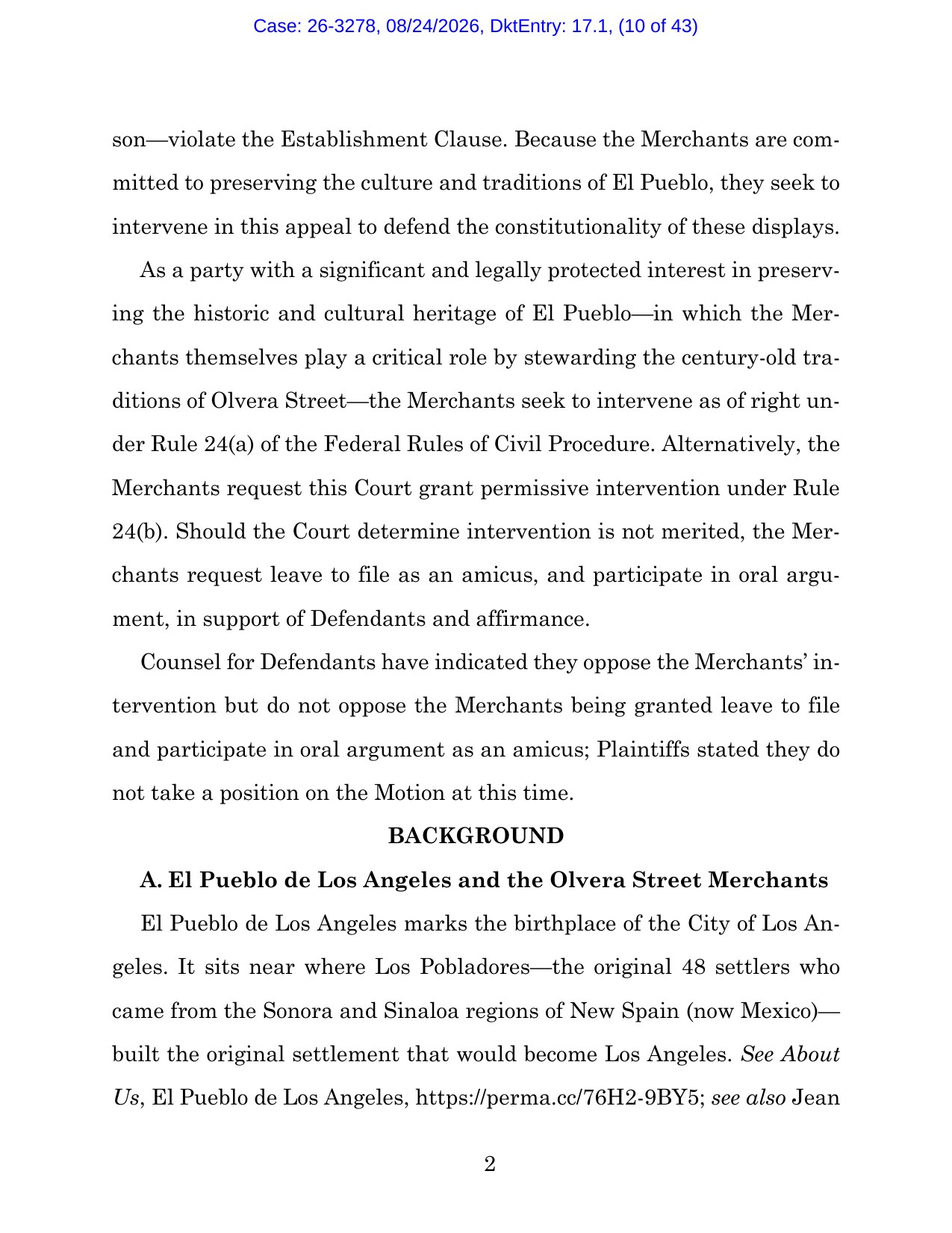 Page 2 of the Olvera Street merchants' motion to intervene in Gerritsen v. City of Los Angeles, Ninth Circuit No. 26-3278