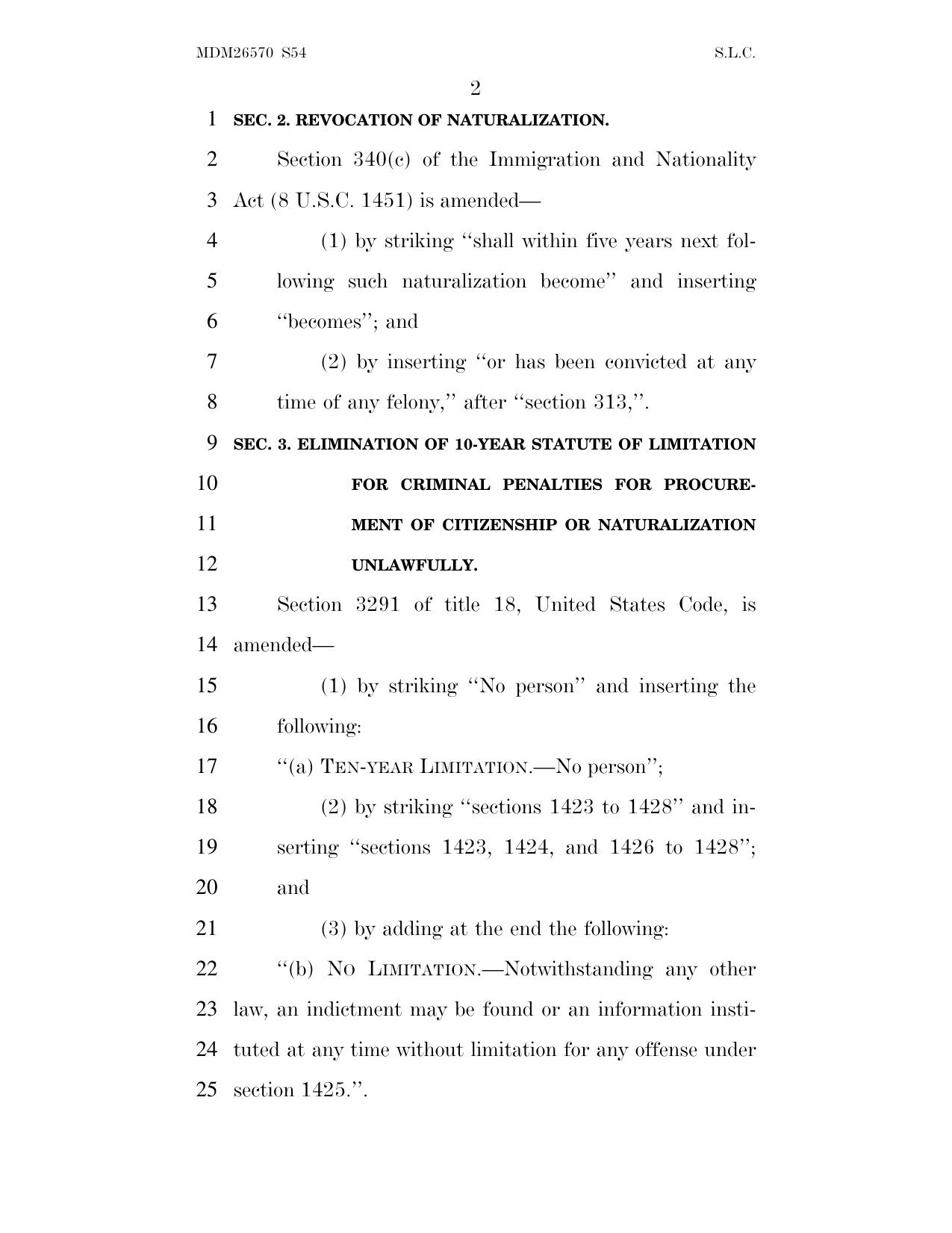 Naturalization Accountability Act bill text, page 2, showing Section 3 eliminating the 10-year statute of limitation for section 1425
