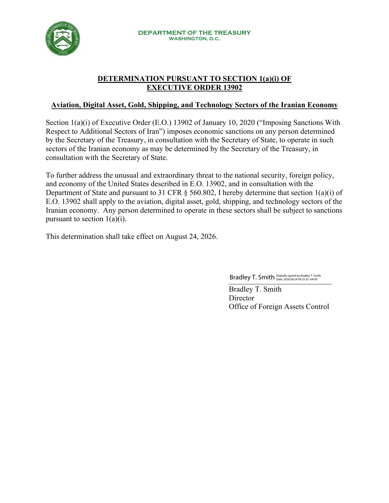 Page one of the Treasury Department determination under Executive Order 13902 covering the aviation, digital asset, gold, shipping and technology sectors of the Iranian economy