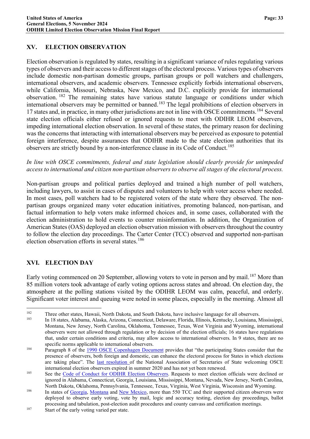Page 33 of the ODIHR final report on the 2024 U.S. general elections, section XV on election observation
