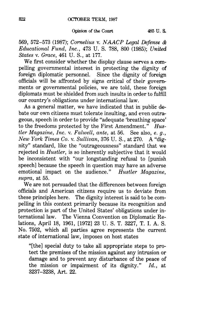 Page 322 of Boos v. Barry, 485 U.S. 312, discussing the dignity of foreign diplomats and the Vienna Convention