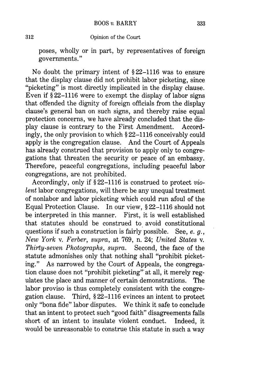 Page 333 of Boos v. Barry, 485 U.S. 312, stating that peaceful congregations near embassies are not prohibited