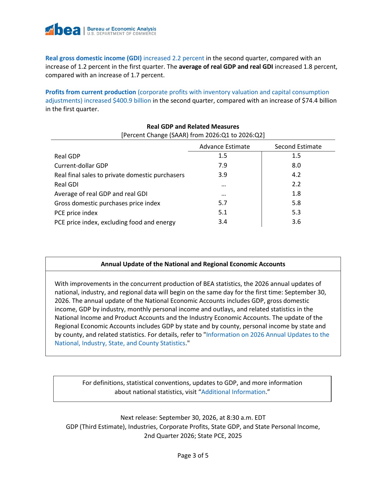 Page 3 of Bureau of Economic Analysis release BEA 26-38, showing the Real GDP and Related Measures table comparing the advance and second estimates for the second quarter of 2026