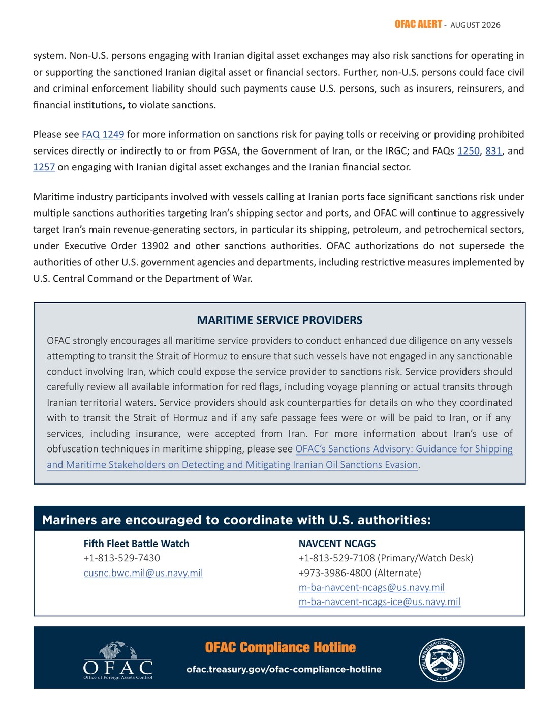 Page 2 of the OFAC alert on sanctions risks of Iranian demands for Strait of Hormuz passage, showing the boxed guidance to maritime service providers