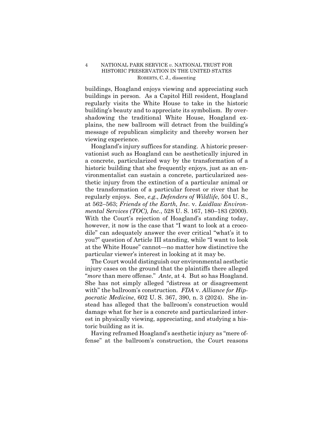 Page 4 of Chief Justice John Roberts's dissent in National Park Service v. National Trust for Historic Preservation, containing the crocodile passage on aesthetic injury and Article III standing
