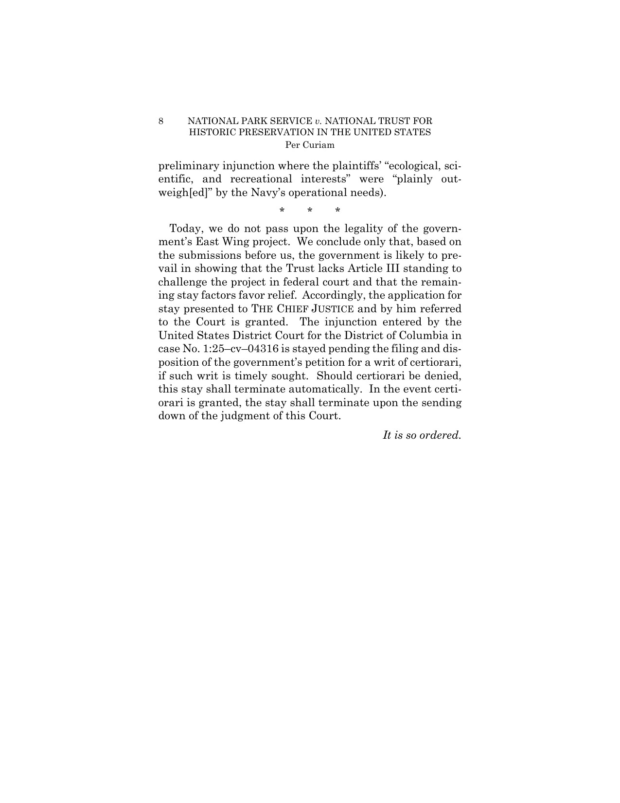 Page 8 of the Supreme Court's August 31, 2026 per curiam opinion in National Park Service v. National Trust for Historic Preservation, carrying the disposition granting the stay