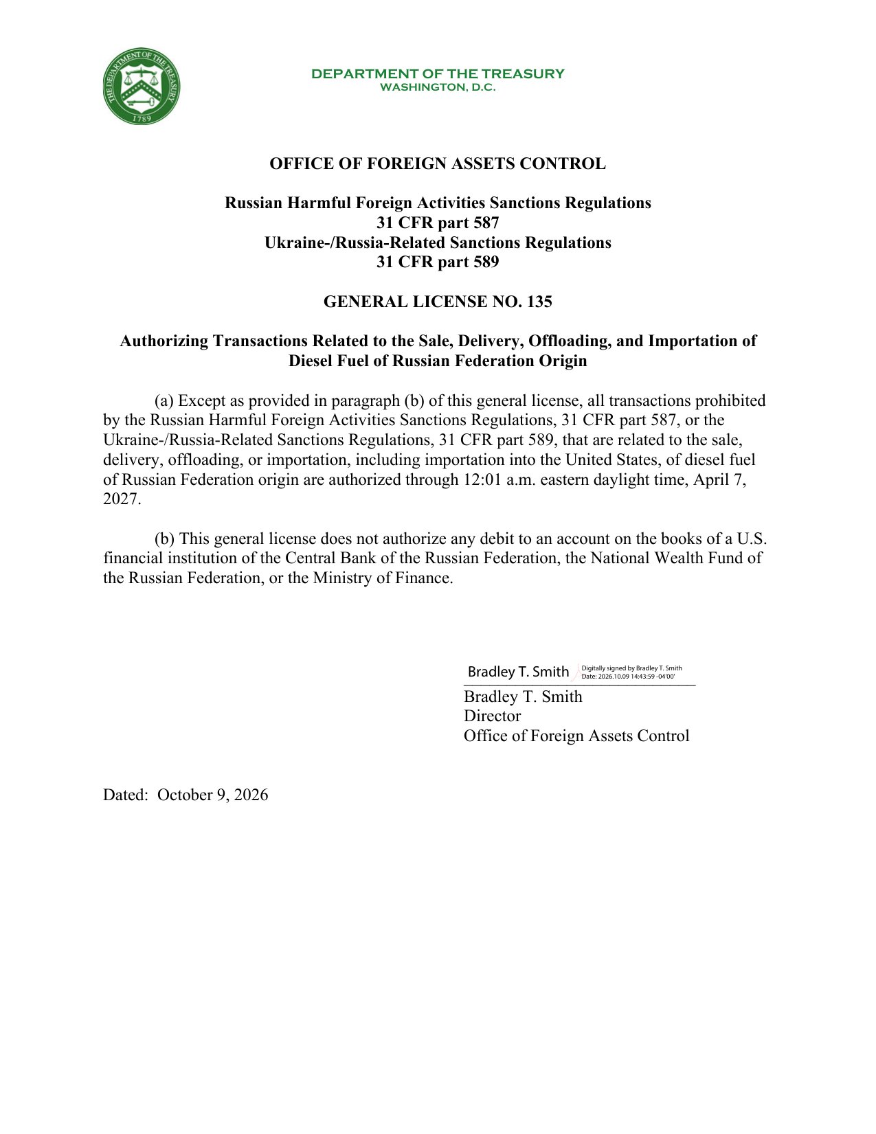 OFAC General License No. 135, page 1, authorizing transactions in diesel fuel of Russian Federation origin