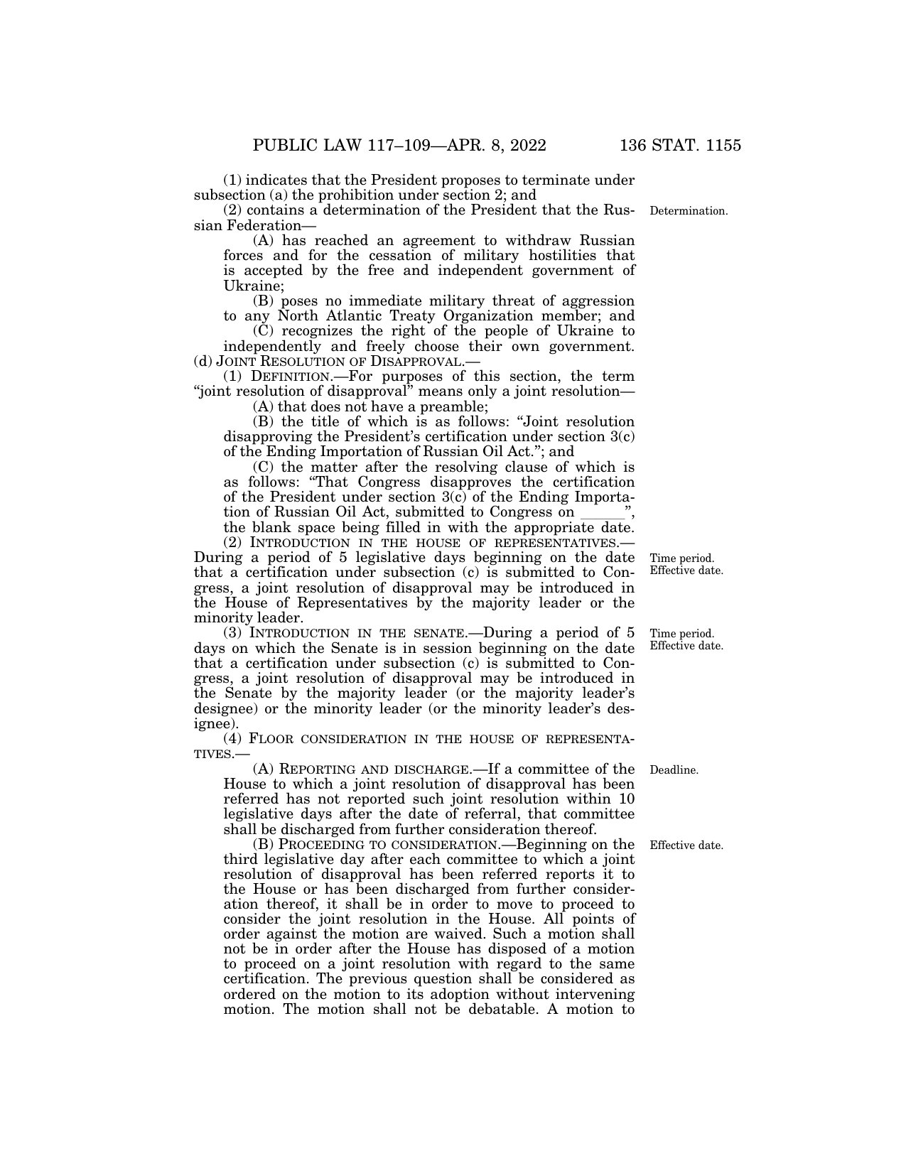 Public Law 117-109, 136 Stat. 1155, showing the certification conditions for ending the Russian energy import ban