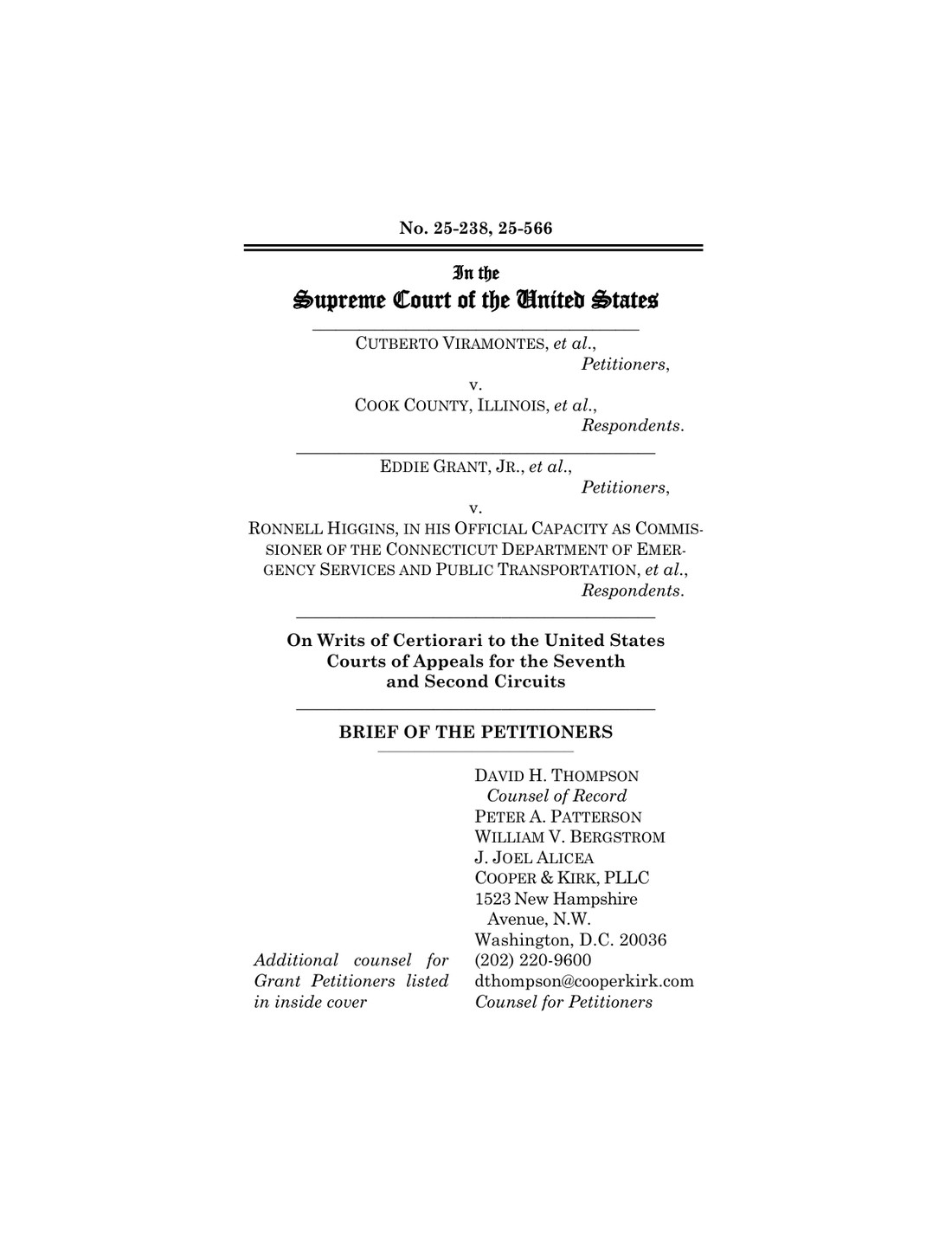 Cover page of the Brief of the Petitioners in Viramontes v. Cook County, Nos. 25-238 and 25-566, Supreme Court of the United States
