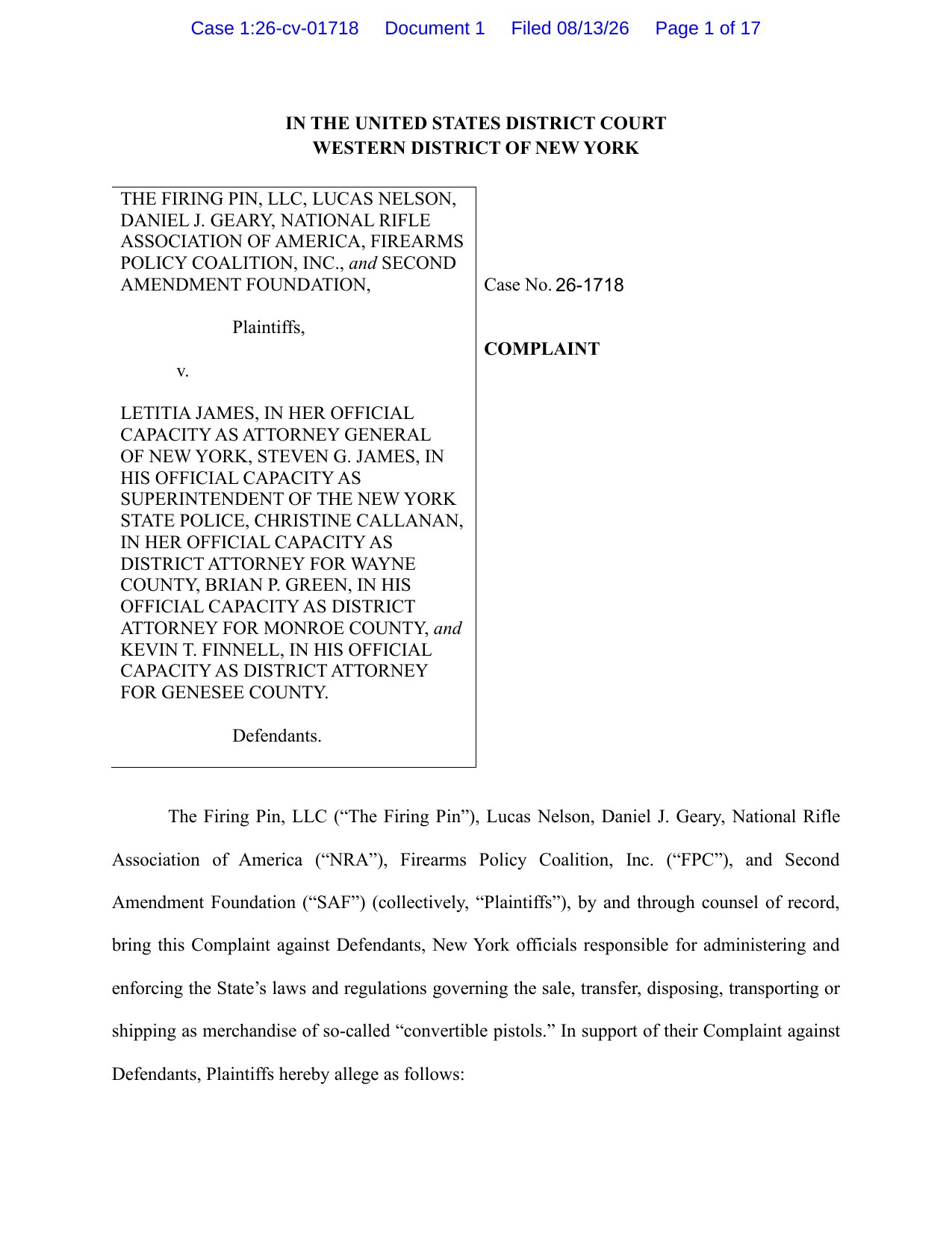 Page 1 of the complaint in The Firing Pin, LLC v. James, No. 1:26-cv-01718, U.S. District Court for the Western District of New York