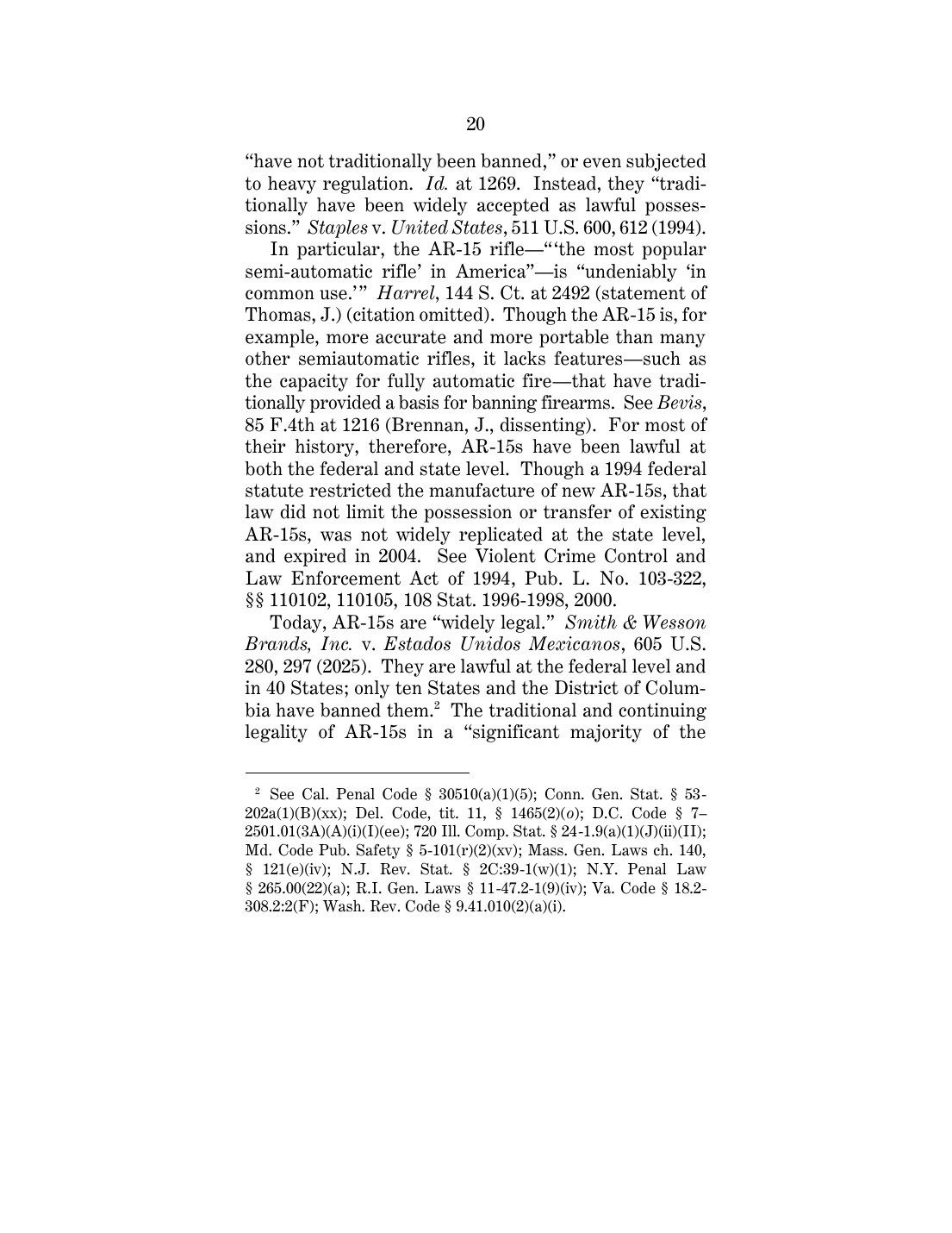 Page 20 of the Solicitor General's amicus brief, with the sentence on AR-15s being lawful in 40 States and footnote 2 listing state statutes