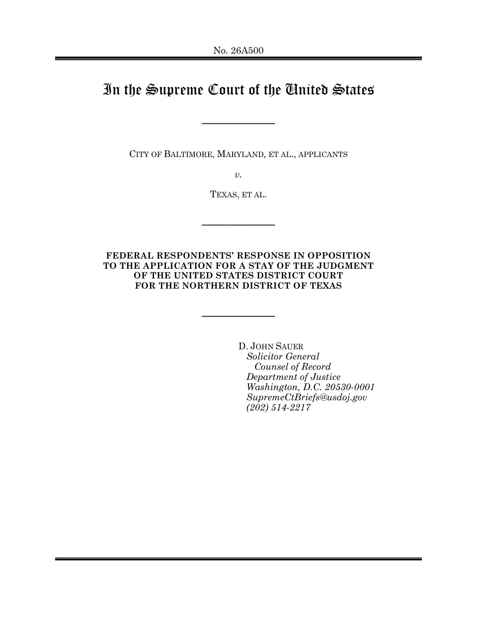Cover page of the Solicitor General's response in opposition, No. 26A500
