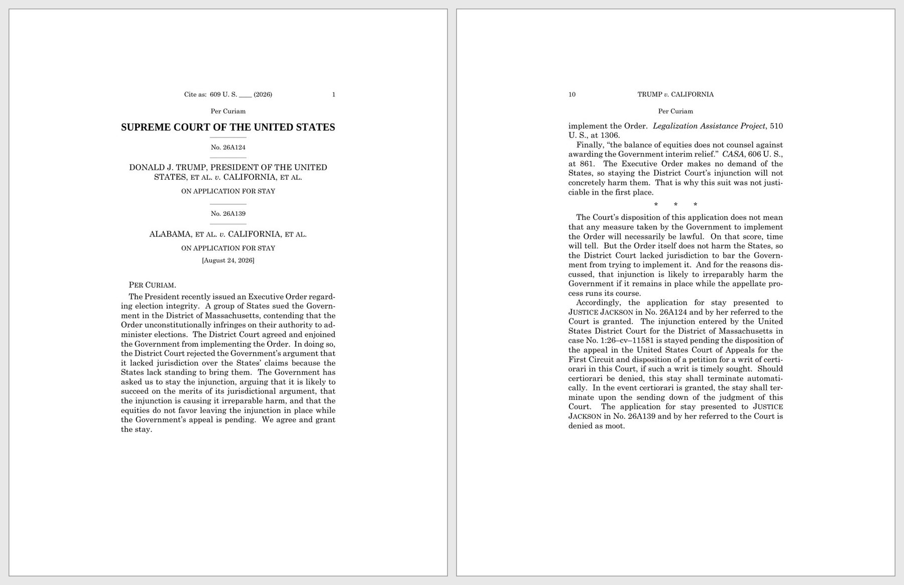 Page 1 and page 10 of the Supreme Court's August 24, 2026 per curiam order in Trump v. California, No. 26A124, shown side by side