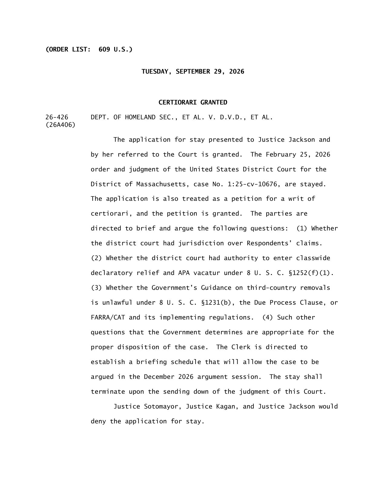 The Supreme Court's September 29, 2026 order granting a stay and certiorari in Department of Homeland Security v. D.V.D., No. 26-426