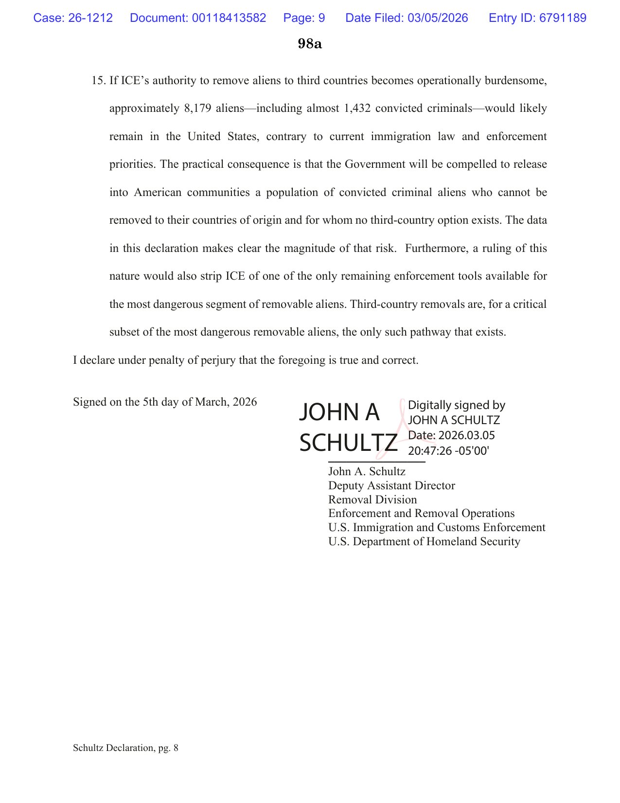 Page 8 of the Schultz Declaration, paragraph 15, estimating 8,179 aliens including almost 1,432 convicted criminals would likely remain in the United States