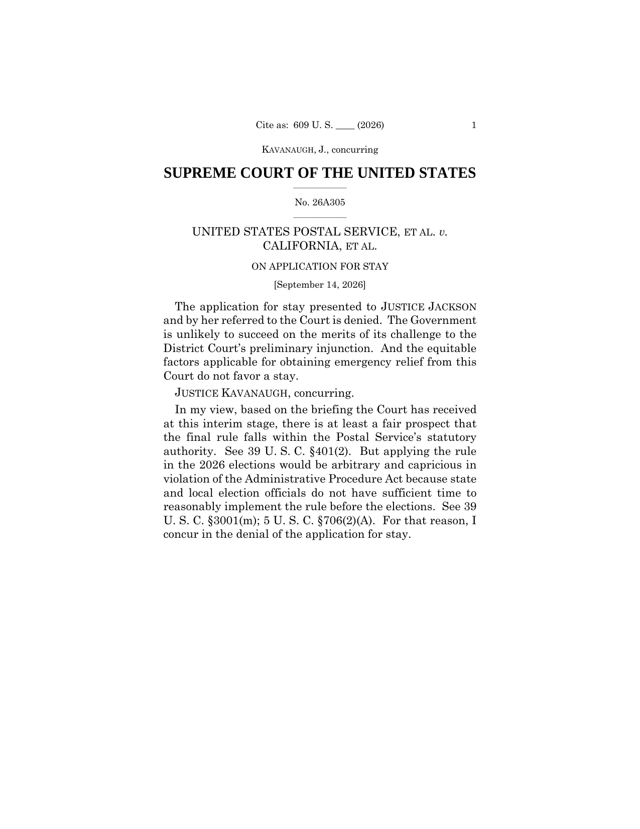Page 1 of Supreme Court order No. 26A305, United States Postal Service v. California, September 14, 2026