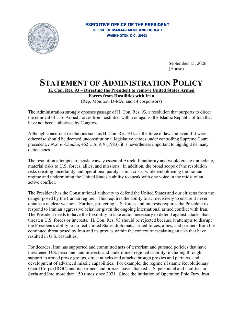 Statement of Administration Policy on H. Con. Res. 93, page 1