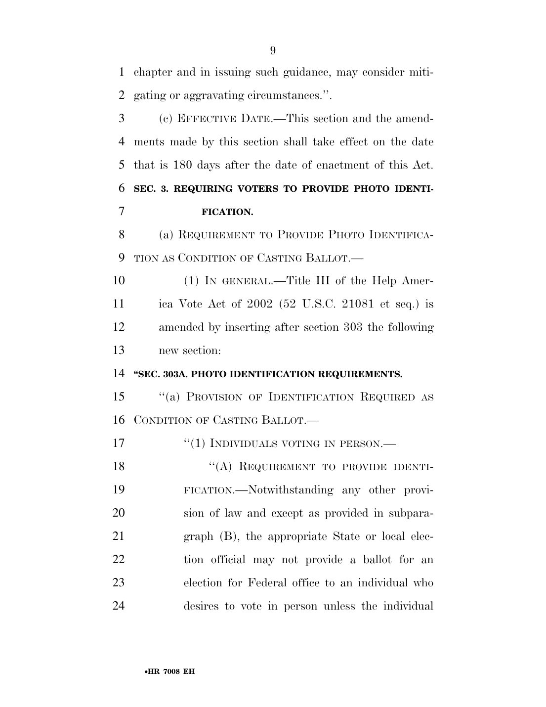 Page 9 of H.R. 7008 as engrossed, showing the 180-day effective date for the stock rules and the start of Section 3 on photo identification