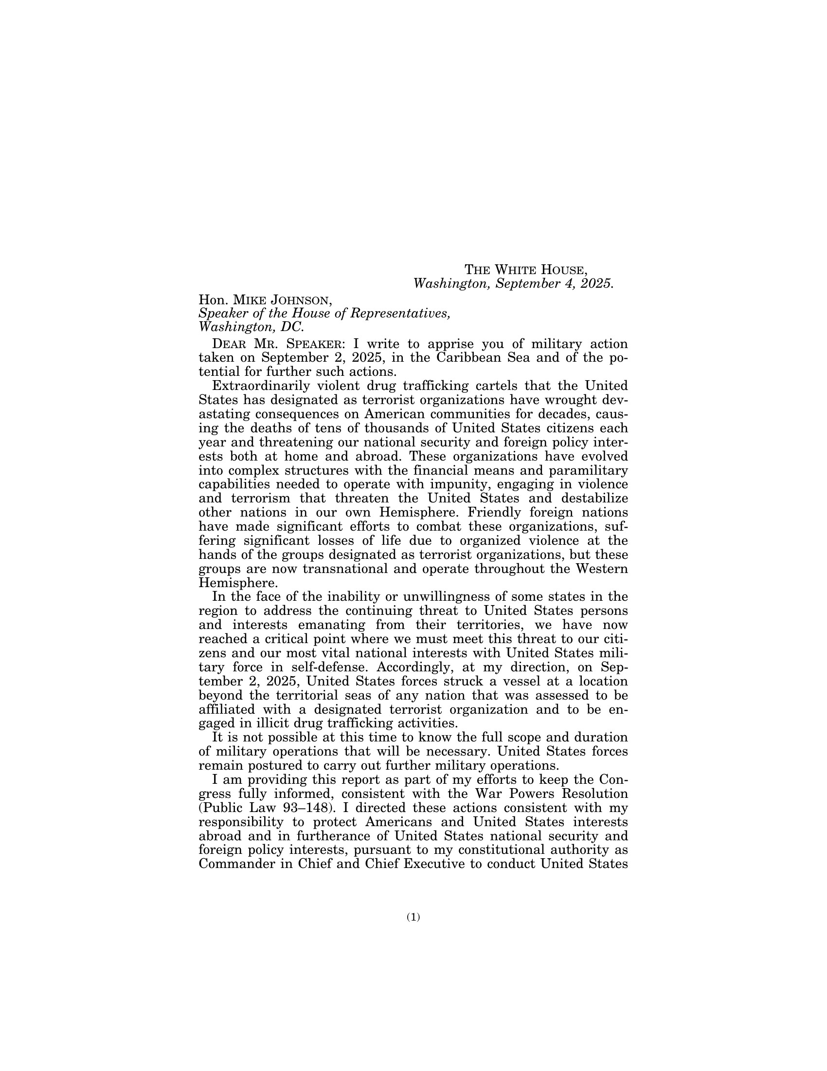 Page 3 of House Document 119-92, President Trump's September 4, 2025 War Powers letter to Speaker Mike Johnson