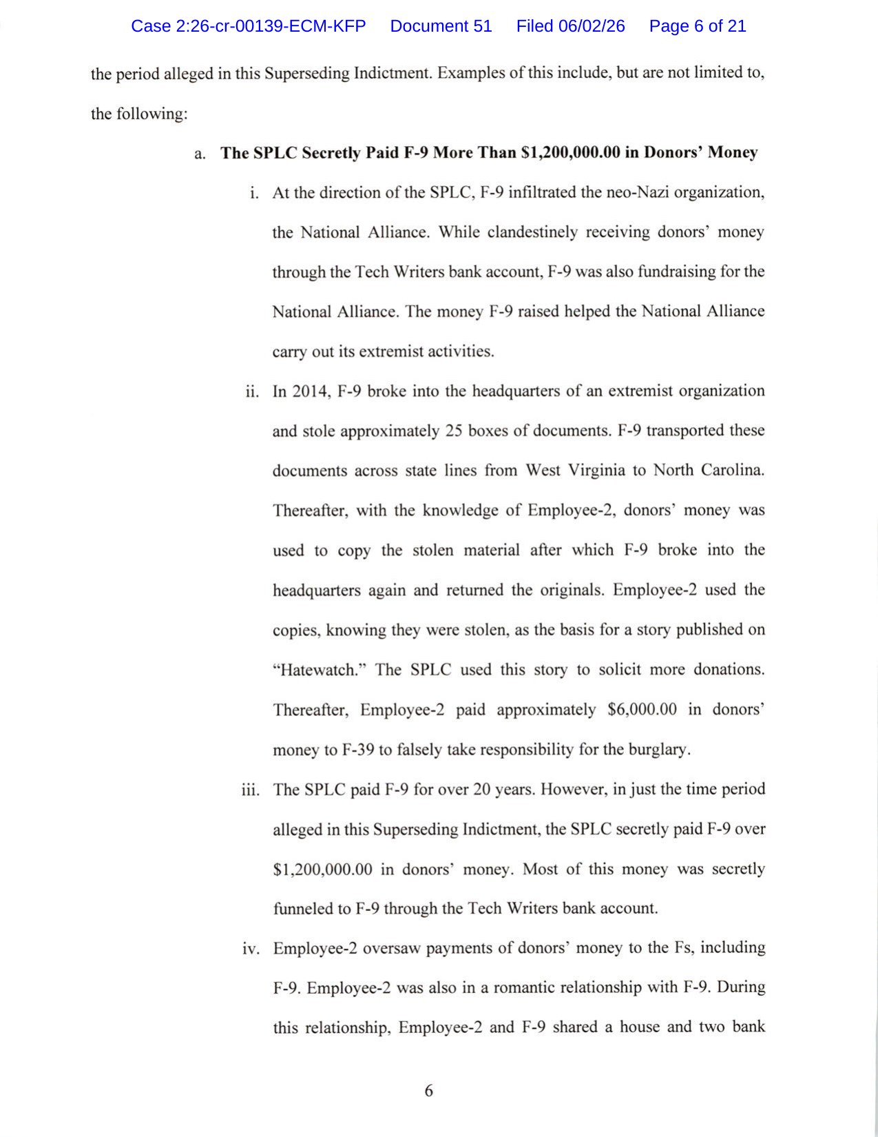 Page 6 of the June 2026 superseding indictment in United States v. Southern Poverty Law Center, describing payments to the informant identified as F-9 and the alleged romantic relationship with Employee-2