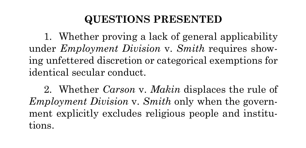 Questions Presented page of the Brief for Petitioners in St. Mary Catholic Parish v. Roy, No. 25-581