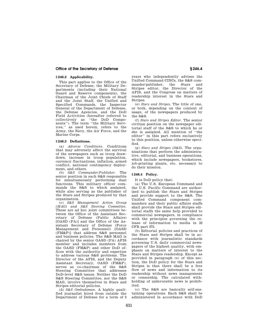 Page 631 of the 2025 Code of Federal Regulations, Title 32, showing section 246.3(d) defining the Stars and Stripes ombudsman and section 246.4(b) barring news management, censorship and the calculated withholding of unfavorable news