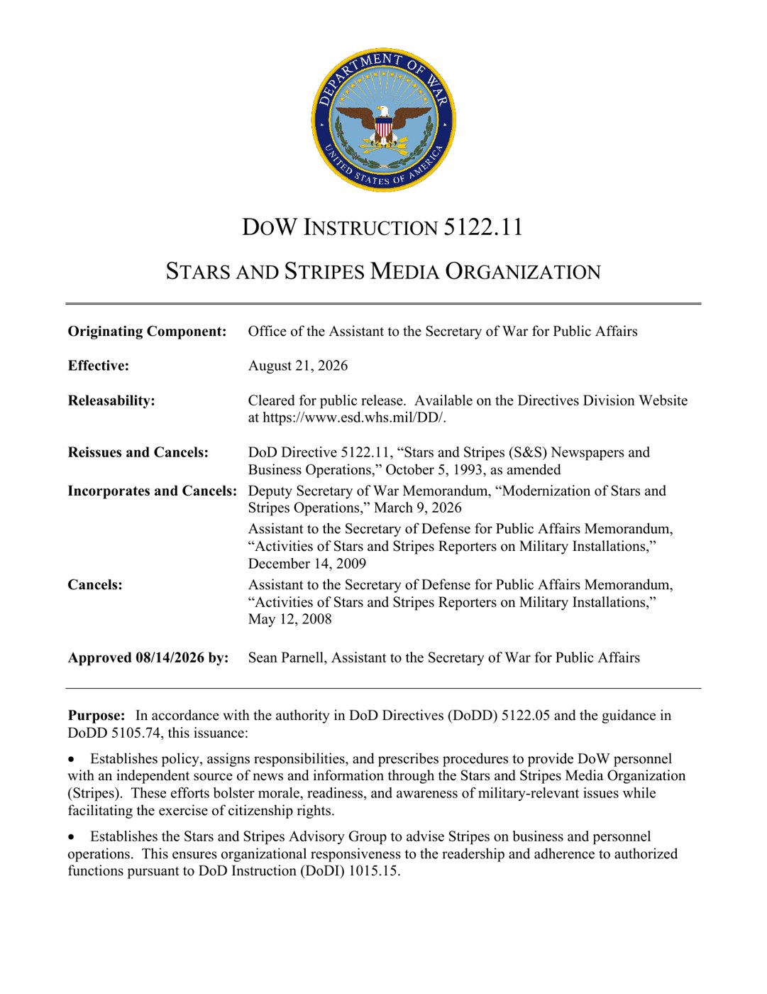 Cover page of DoW Instruction 5122.11, Stars and Stripes Media Organization, effective August 21, 2026, approved August 14, 2026 by Sean Parnell, reissuing and cancelling DoD Directive 5122.11 of October 5, 1993