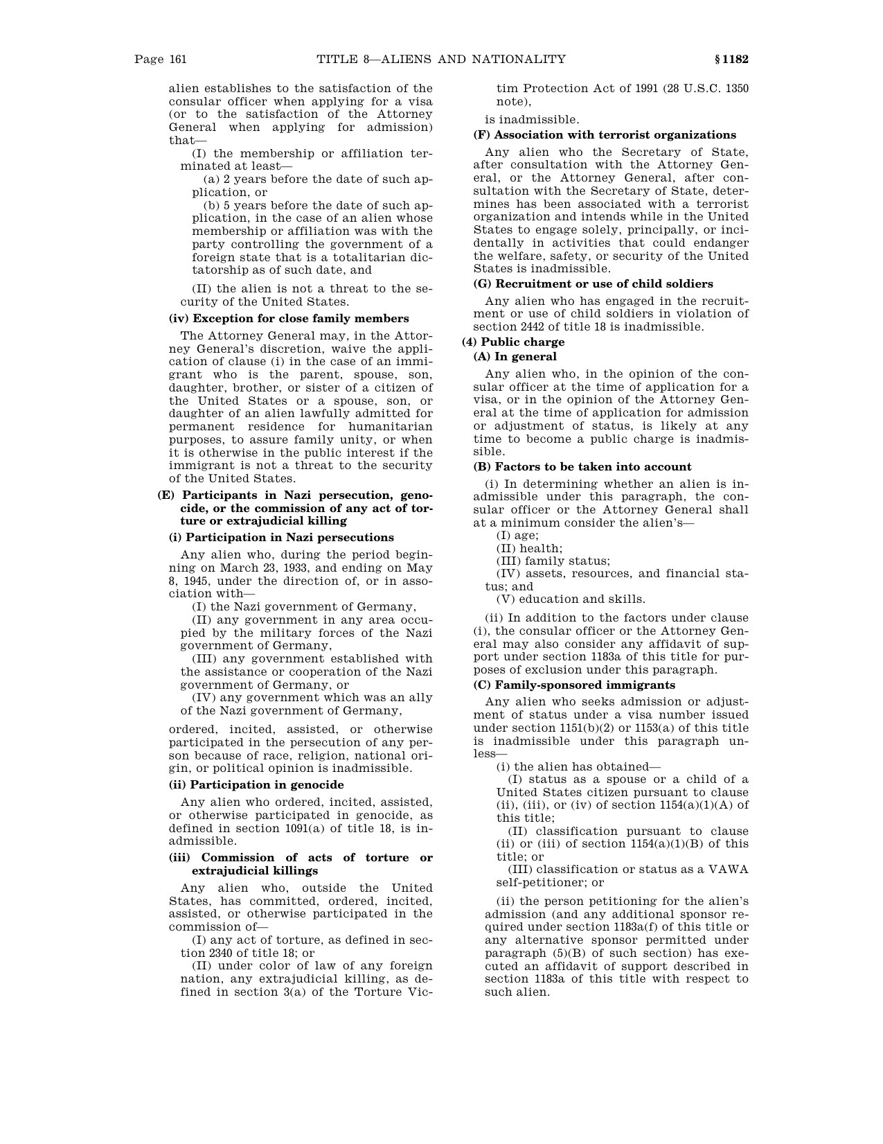 Printed page 161 of Title 8 of the United States Code, showing 8 U.S.C. 1182(a)(4), the public charge ground of inadmissibility