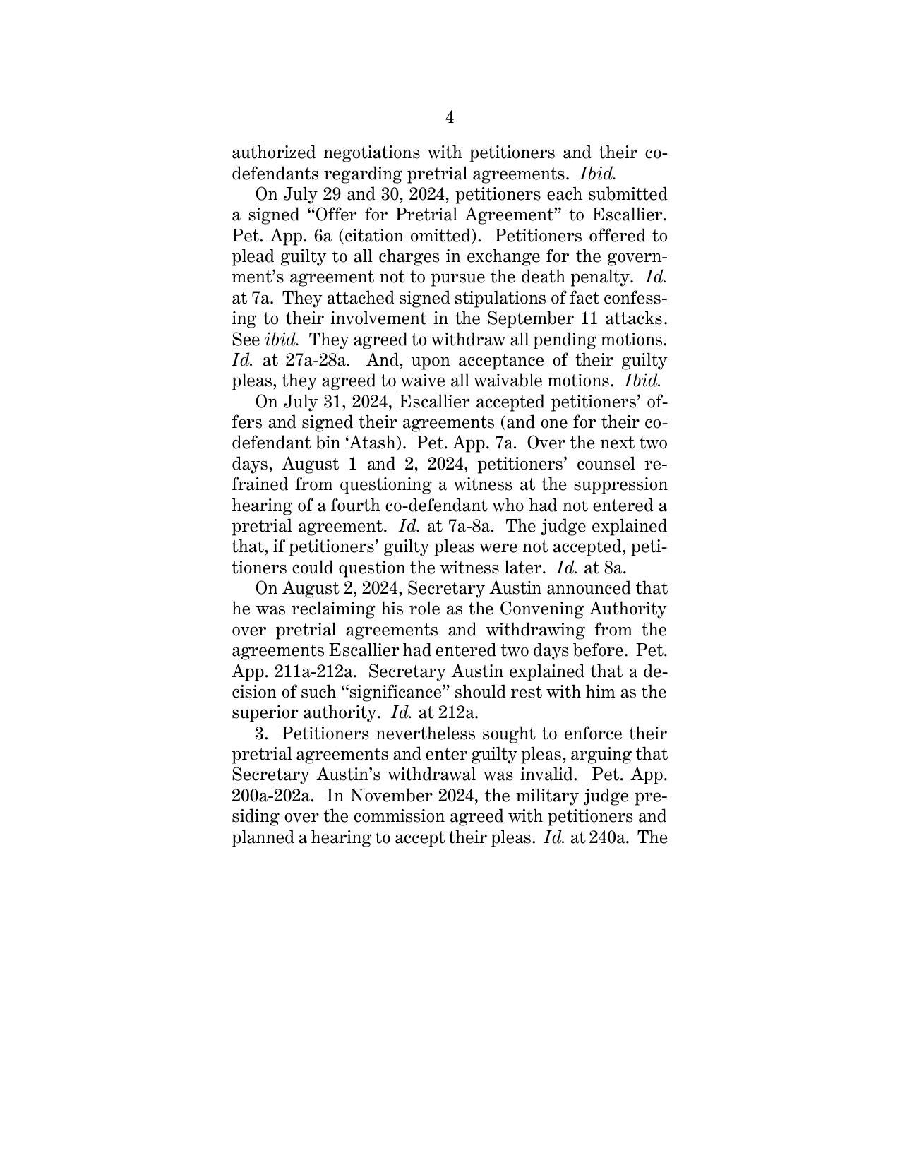 Page 4 of the government's brief in opposition describing the July 31, 2024 plea agreements and the August 2 withdrawal