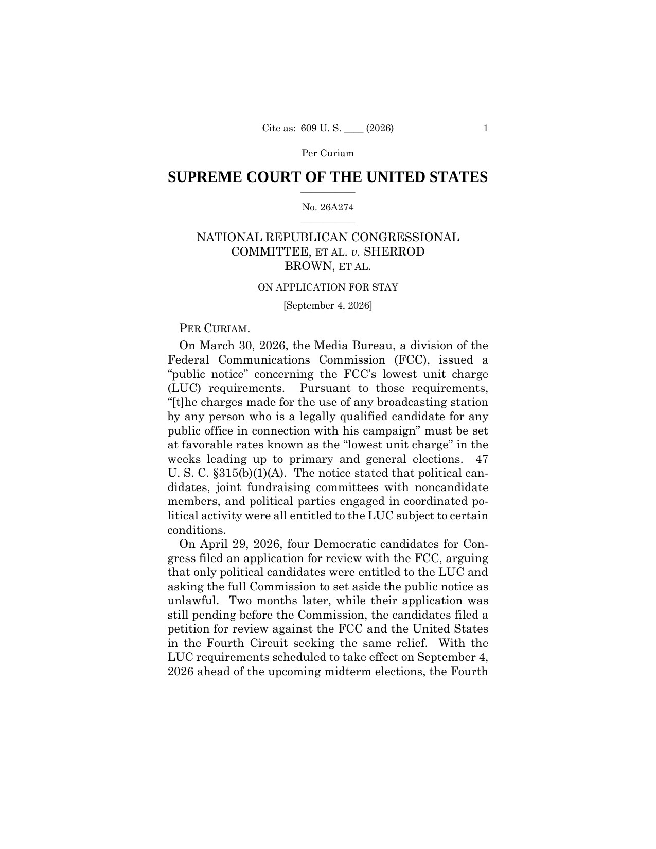 Page one of the Supreme Court's Sept. 4, 2026 order in National Republican Congressional Committee v. Brown, No. 26A274