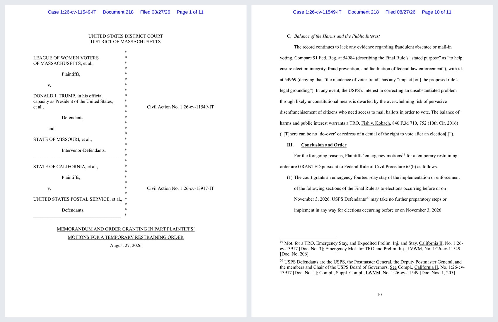 Page 1 and page 10 of Judge Talwani's August 27, 2026 temporary restraining order in case No. 1:26-cv-11549-IT, showing the case caption and the fourteen-day stay