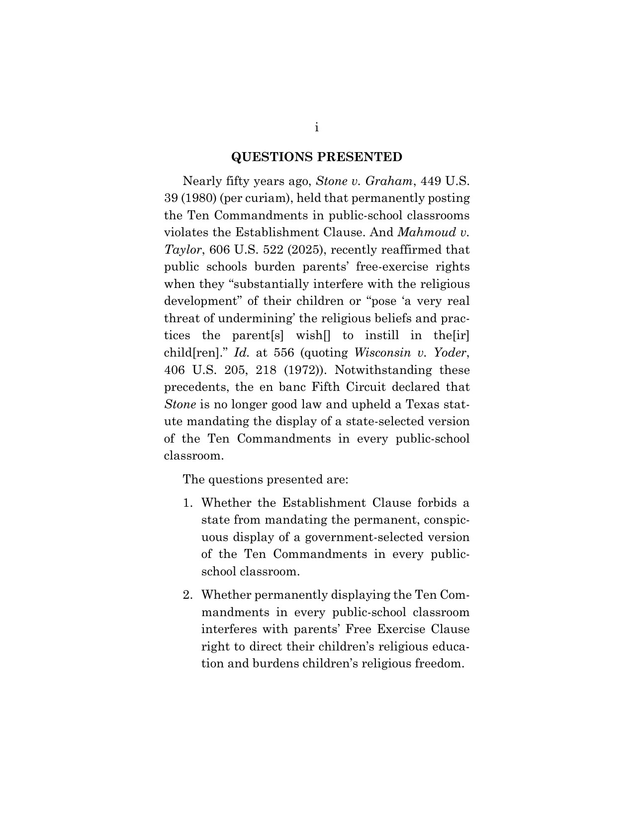 Page i of the joint certiorari petition in Nathan v. Alamo Heights ISD and Cribbs Ringer v. Comal ISD, showing the two Questions Presented
