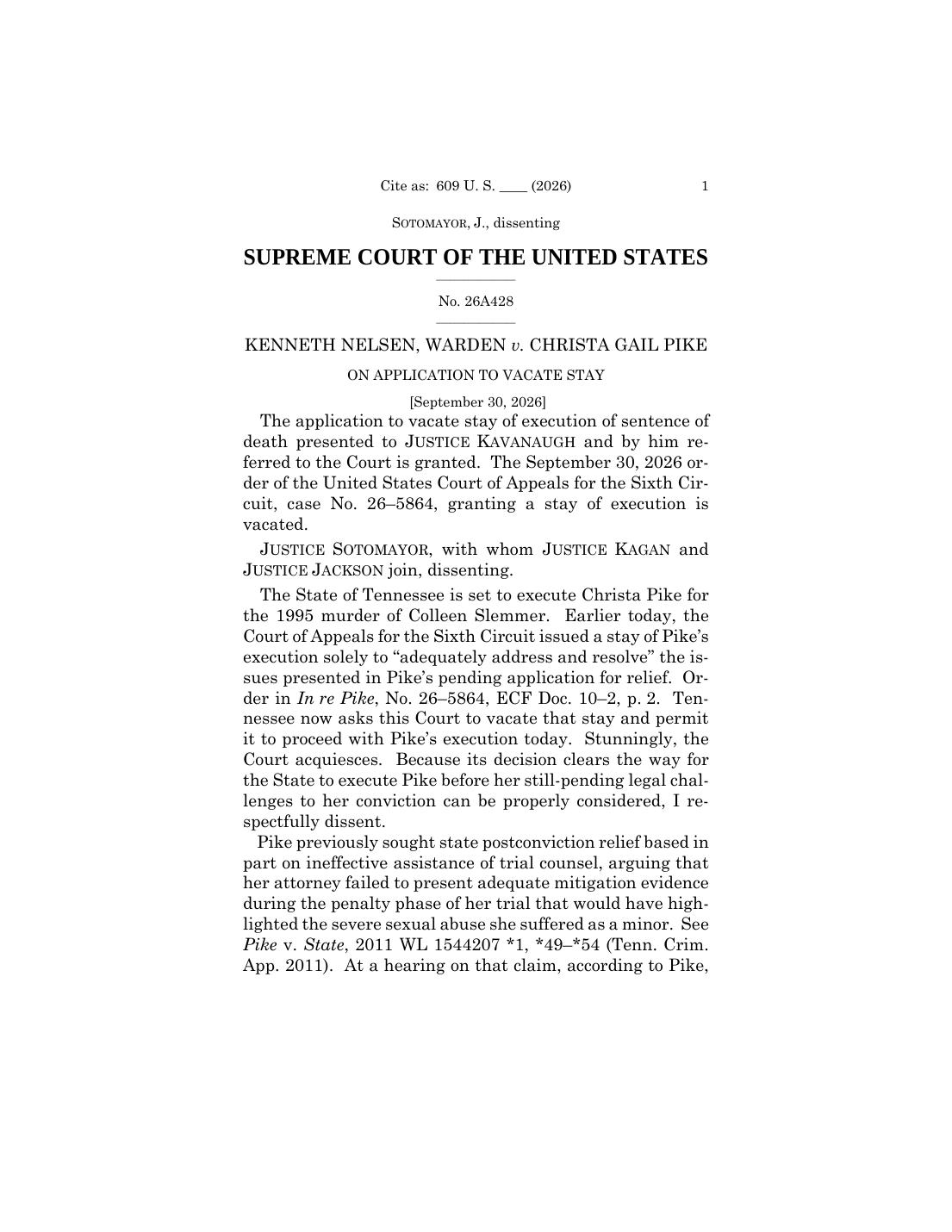 Page 1 of the Supreme Court's September 30, 2026 order in Nelsen v. Pike, No. 26A428