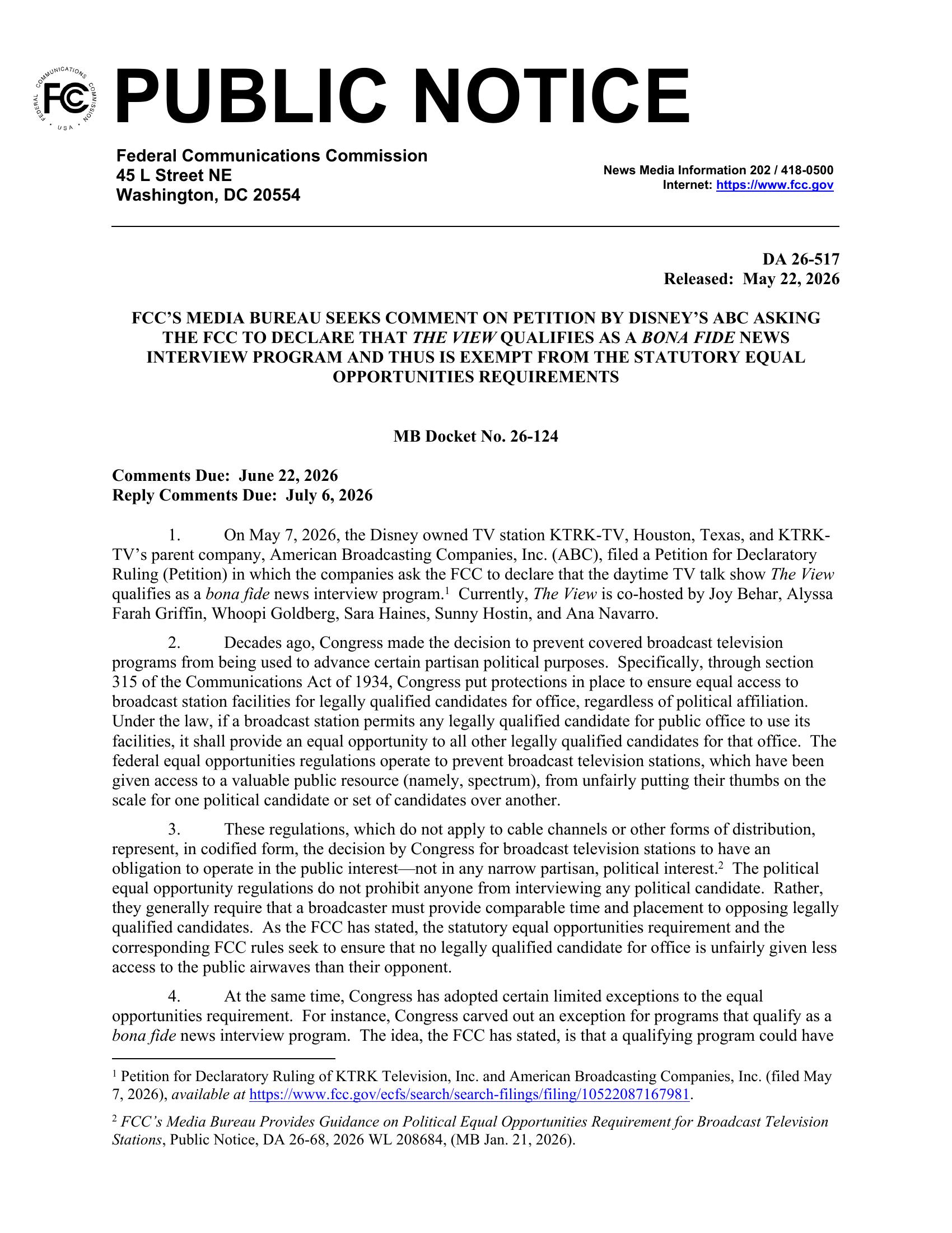 FCC Public Notice DA 26-517, page one, on The View bona fide news petition