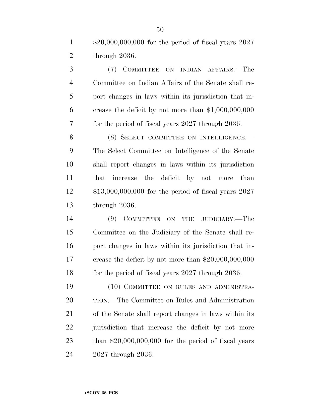 Page 50 of S. Con. Res. 38, showing the reconciliation instruction to the Senate Committee on Rules and Administration
