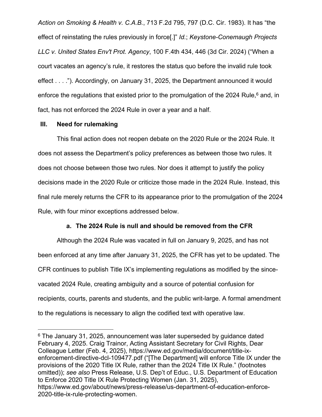 Page 10 of the Education Department's Recodification of Title IX Rules, showing the Need for Rulemaking section