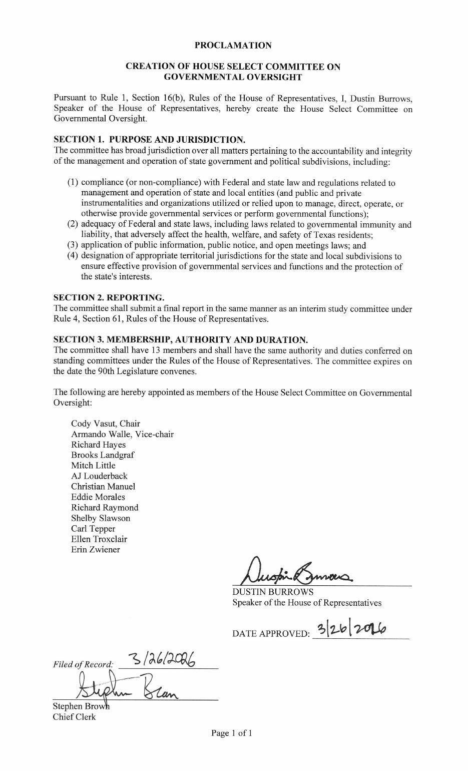 Texas House proclamation creating the House Select Committee on Governmental Oversight, page 1