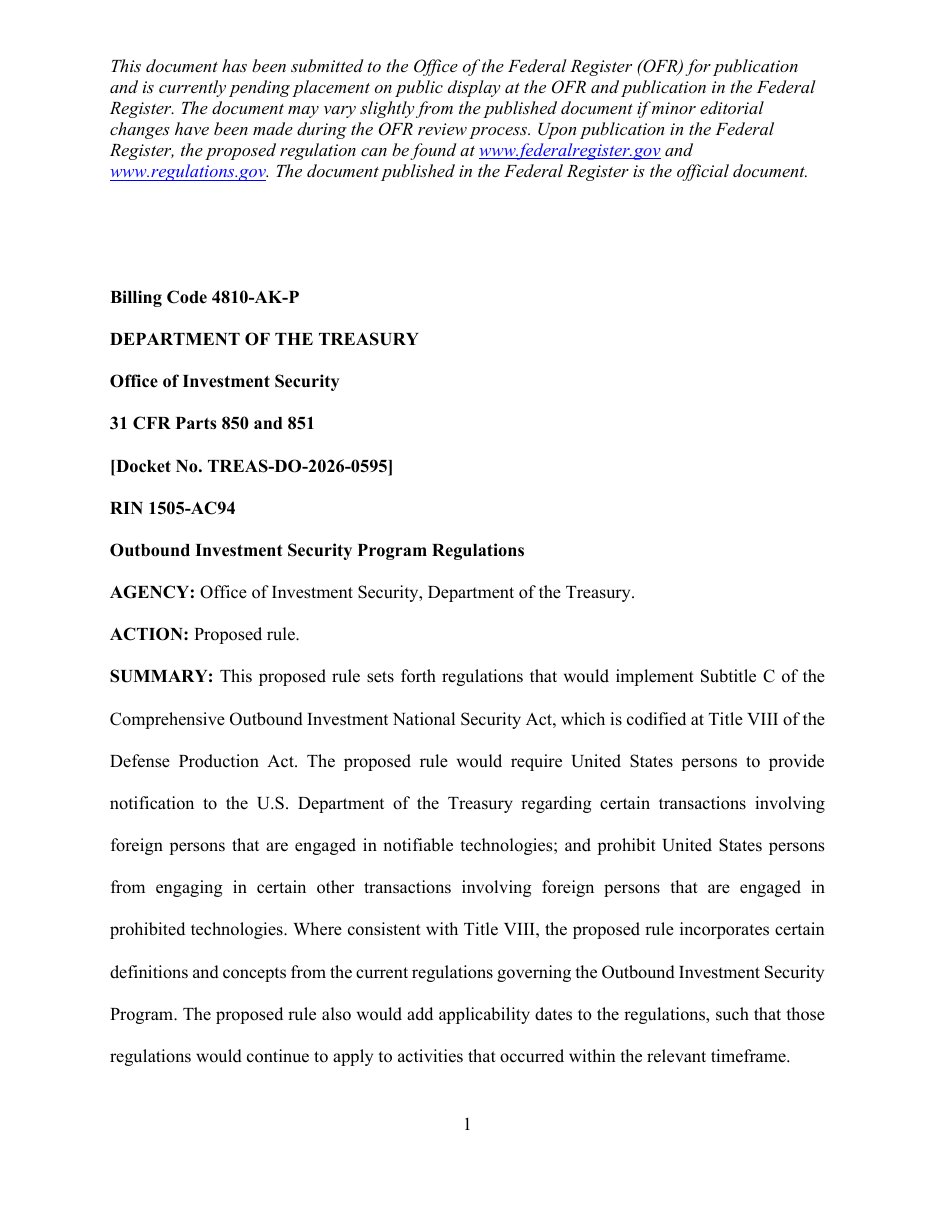 Treasury proposed rule on the Outbound Investment Security Program, page 1, docket TREAS-DO-2026-0595