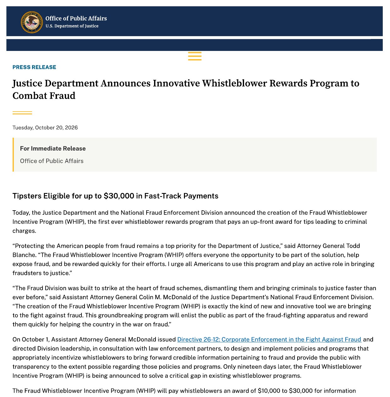 Top of the Justice Department press release announcing the Fraud Whistleblower Incentive Program, October 20, 2026