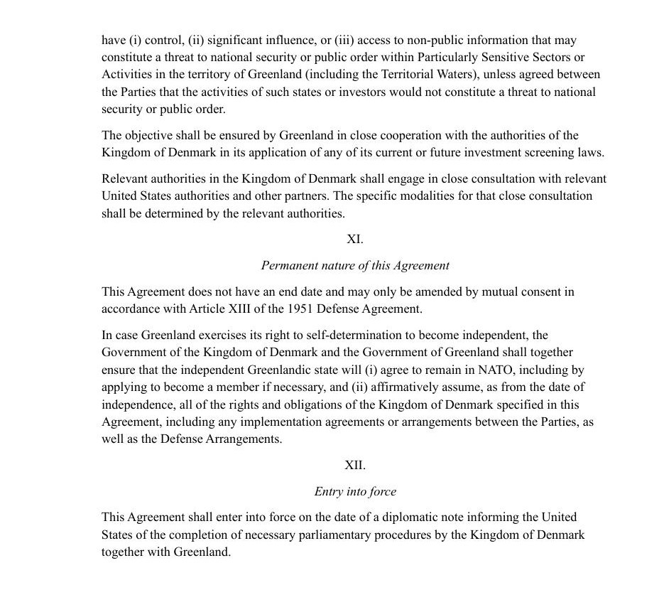 Page 7 of the 2026 U.S.-Denmark-Greenland defense agreement showing Article XI, Permanent nature of this Agreement, and Article XII, Entry into force
