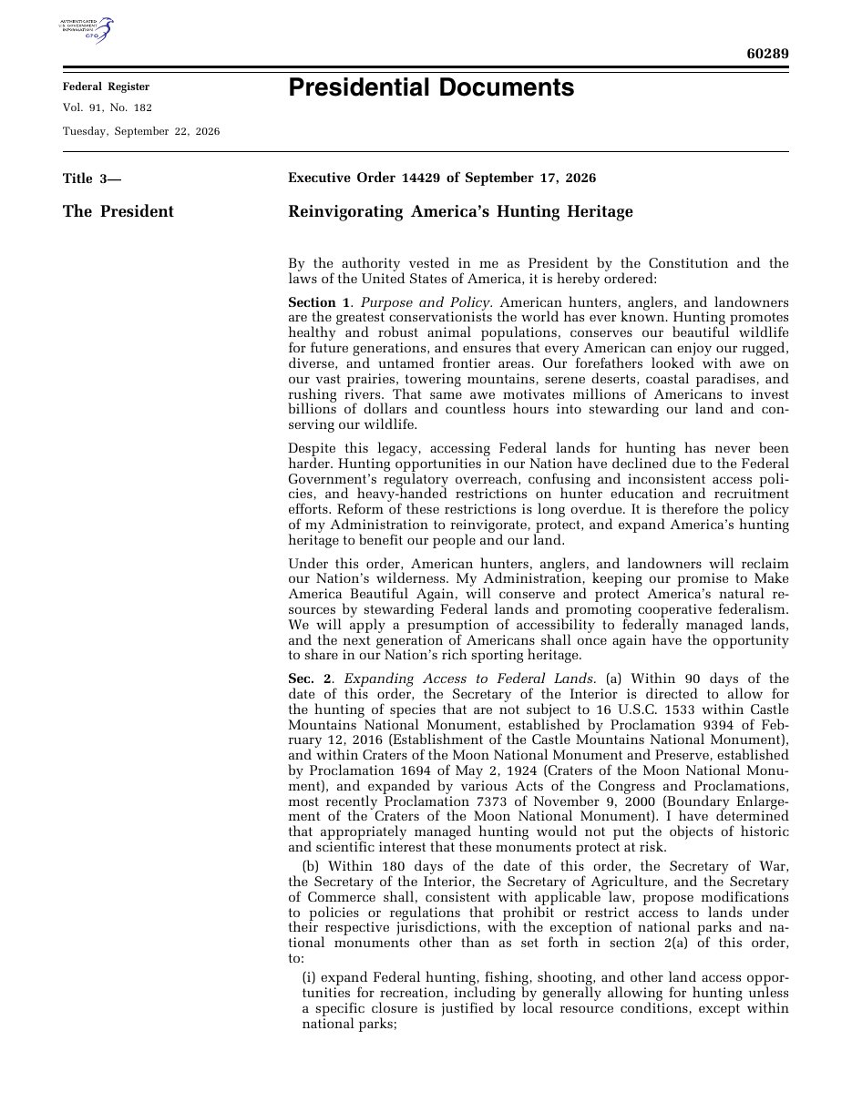 Page 1 of Executive Order 14429, Reinvigorating America's Hunting Heritage, as printed in the Federal Register, 91 FR 60289
