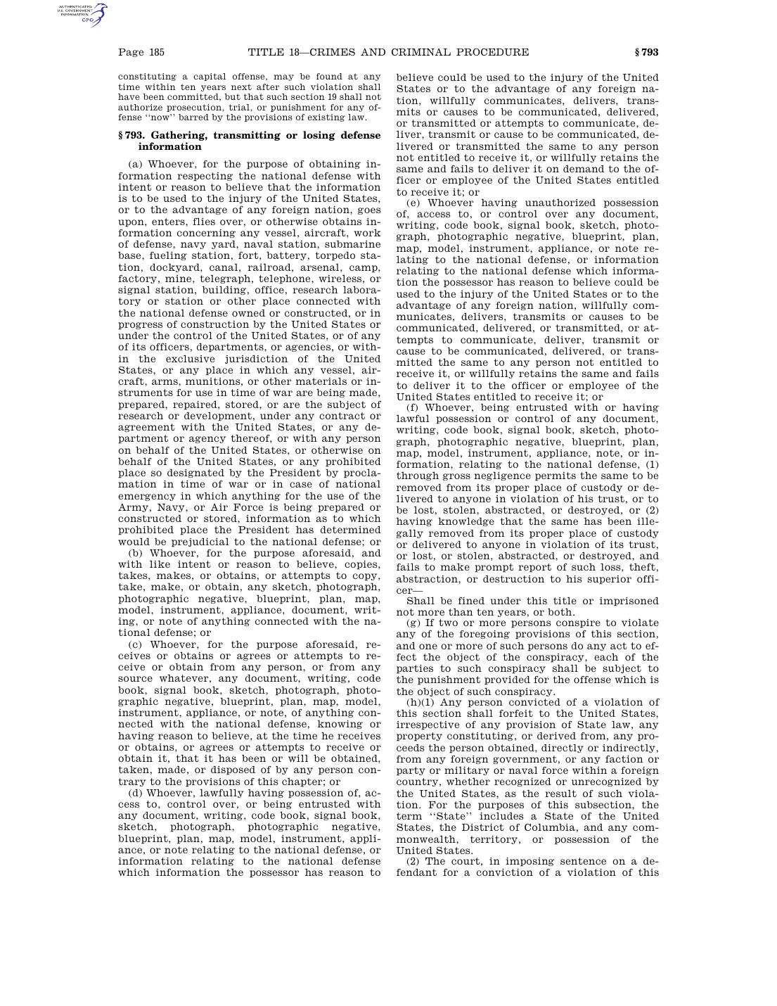 Page 185 of Title 18 U.S. Code, Section 793, gathering, transmitting or losing defense information