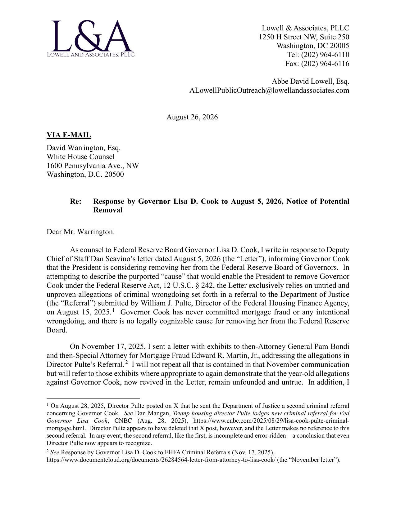 Page 1 of the August 26, 2026 letter from Abbe David Lowell to White House Counsel David Warrington responding to the notice of potential removal of Governor Lisa Cook