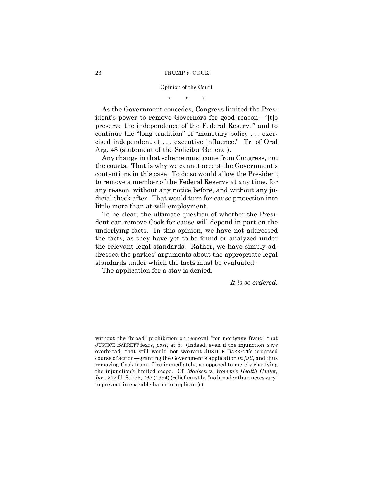 Page 26 of the Supreme Court slip opinion in Trump v. Cook, showing the closing paragraphs and the denial of the stay