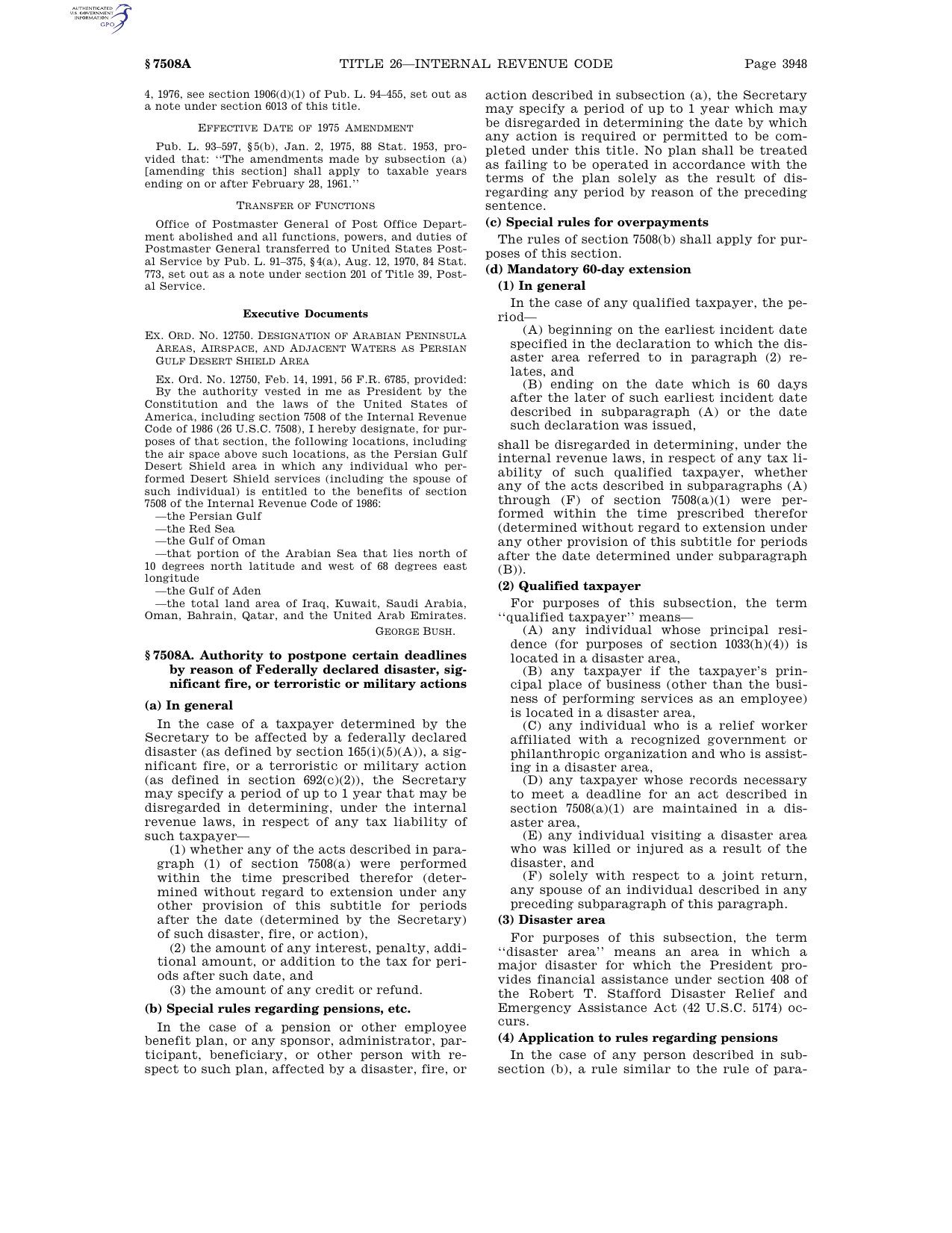 26 U.S.C. 7508A, U.S. Code 2024 edition, page 3948, showing the start of the section