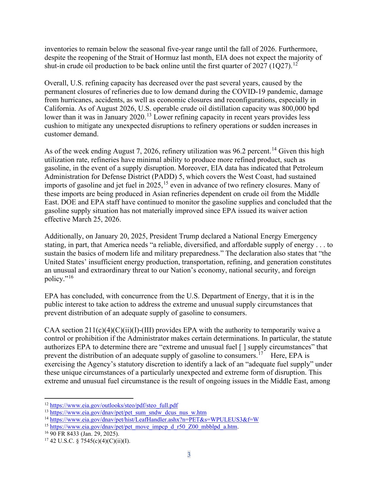 Page 3 of EPA's August 20, 2026 national fuel waiver letter to the Governors, stating that refinery utilization was 96.2 percent and that refineries have minimal ability to produce more gasoline