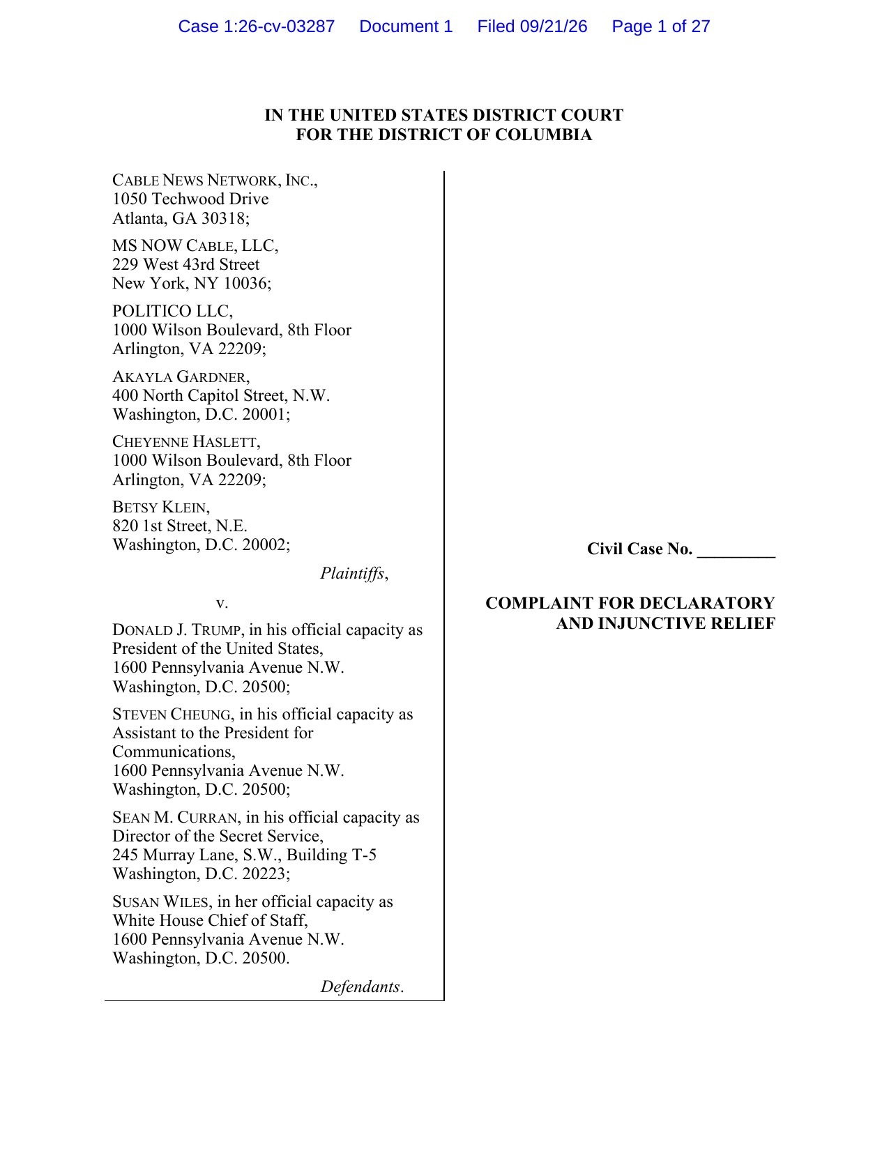 Cover page of the federal complaint in Cable News Network v. Trump, Case No. 1:26-cv-03287
