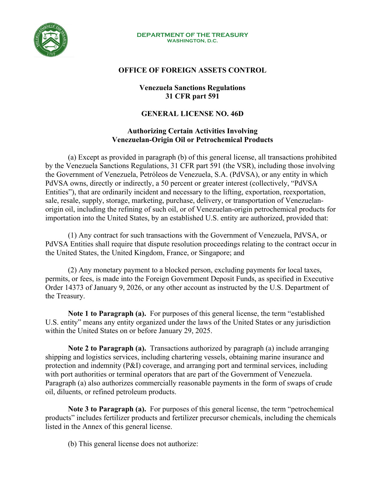 Page 1 of U.S. Treasury Office of Foreign Assets Control Venezuela-related General License No. 46D, issued August 27, 2026
