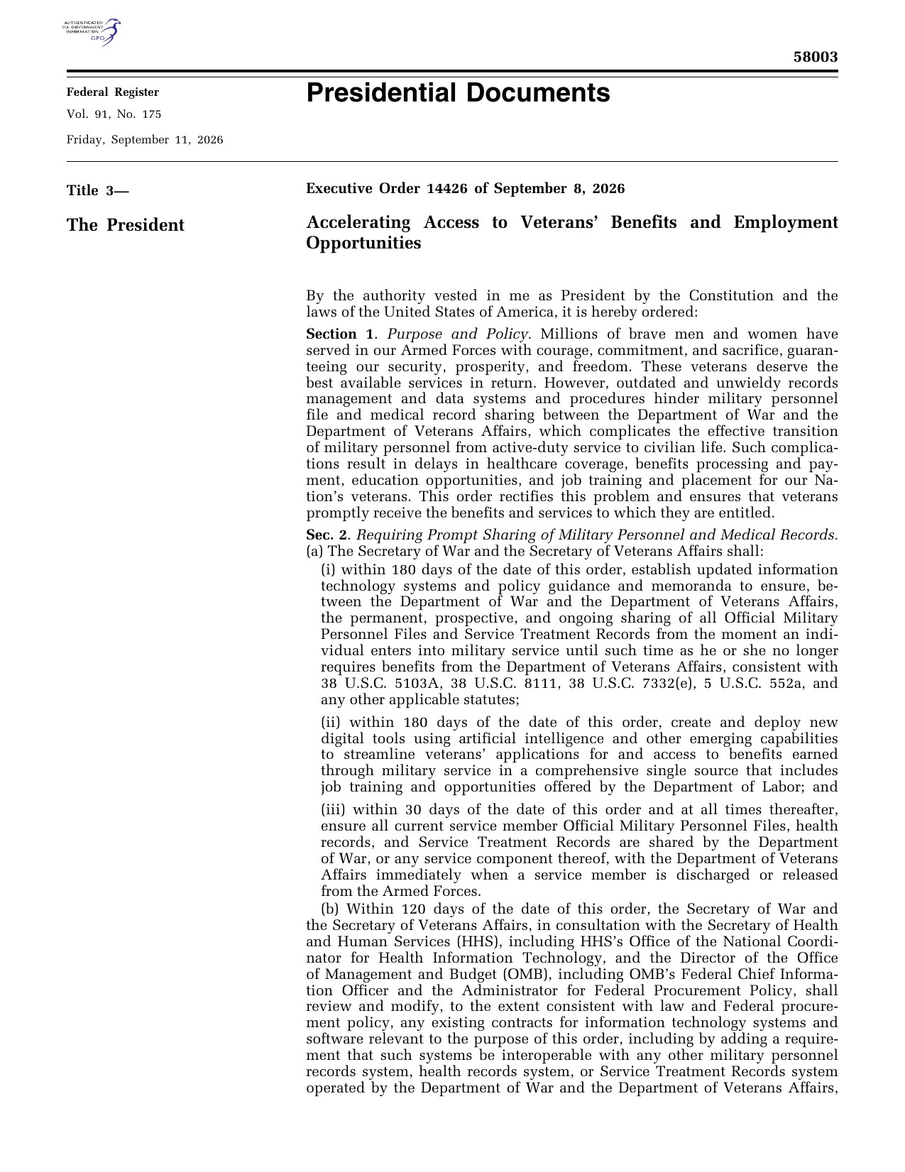 First page of Executive Order 14426, Accelerating Access to Veterans' Benefits and Employment Opportunities, as published in the Federal Register